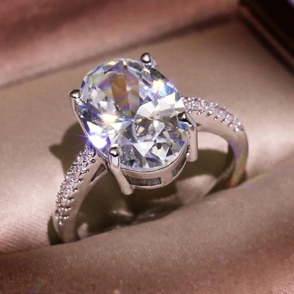 NEW 5CT Oval Diamond Silver Wedding Bridal Ring - Picture 5 of 9